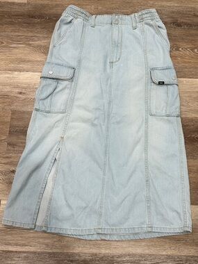 Vans Light Wash Denim Cargo Midi Skirt with Side Slit